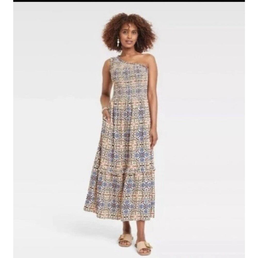 Knox Rose One Shoulder A-Line Maxi Dress Sundress Tiered Smocked Boho XXL NWT